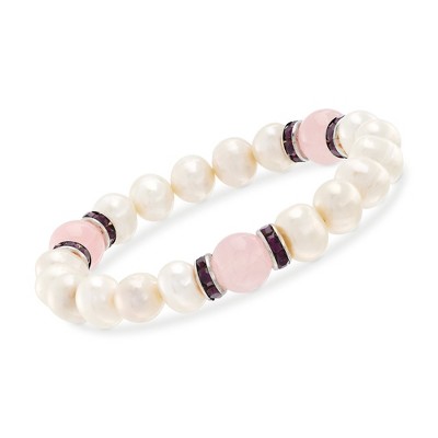 Ross-Simons 9-10mm Cultured Pearl and Rose Quartz Stretch Bracelet With Purple Czs Size