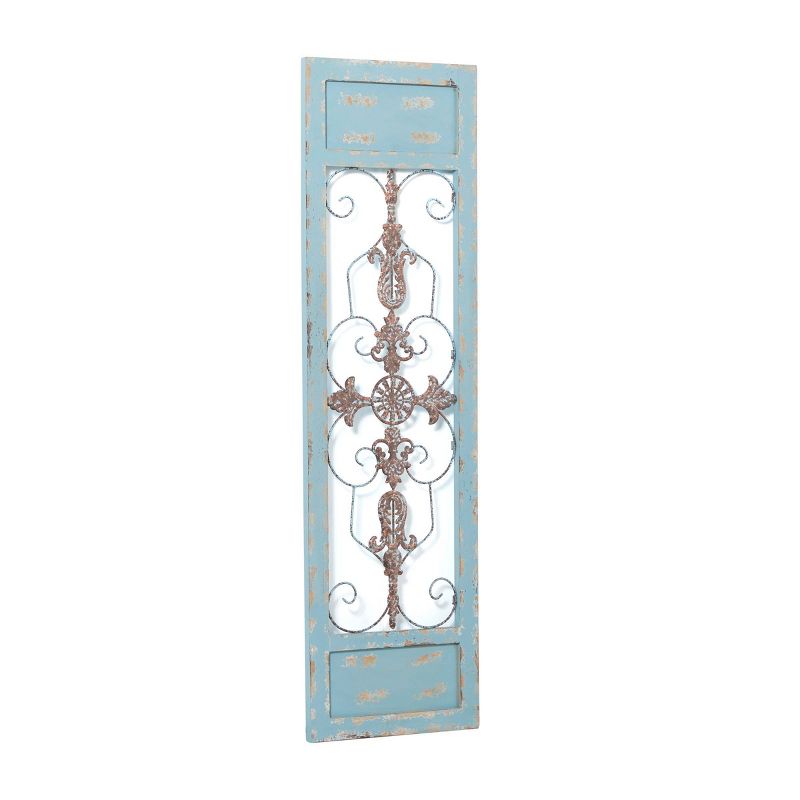 Wood Scroll Arabesque Wall Decor with Metal Fleur De Lis Relief Turquoise - Olivia &#38; May, 5 of 6