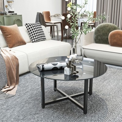 Round Glass Table, Black Leg Coffee Table, Clear Coffee Table, Modern Side Center Tables for Living Room