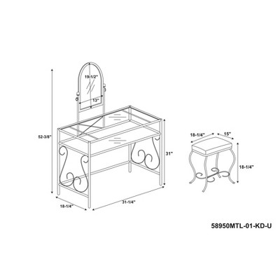 Clarisse 37.8" Traditional Beige and Brown Metal & Glass Vanity Set with Stool