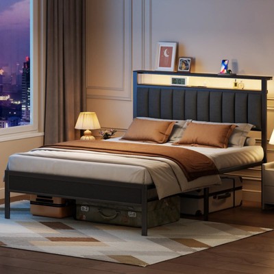 Furnulem Bed Frame with Charging Station and LED Lights, Platform Bed with Grey Upholstered Headboard with Storage Shelves, No Box Spring Needed