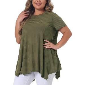 Agnes Orinda Women's Plus Size Ribbed Crew Neck Asymmetrical Hem Flowy Knit Casual Tunic Tops - 1 of 4