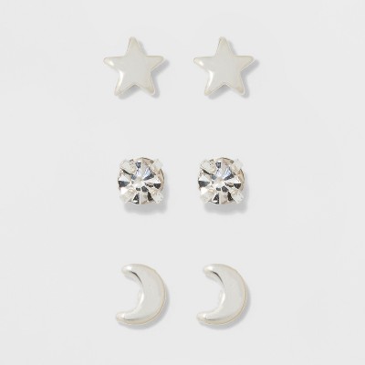 Pair Of Star, Moon, And Cubic Zirconia Button Stud Earring Set 3pc - A New  Day™ Silver : Target