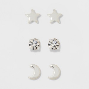 Pair of Star, Moon, and Cubic Zirconia Button Stud Earring Set 3pc - A New Day™ Silver - 1 of 3
