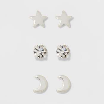 Pair of Star, Moon, and Cubic Zirconia Button Stud Earring Set 3pc - A New Day™ Silver