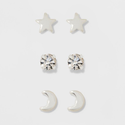 Pair of Star, Moon, and Cubic Zirconia Button Stud Earring Set 3pc - A New  Day™ Silver