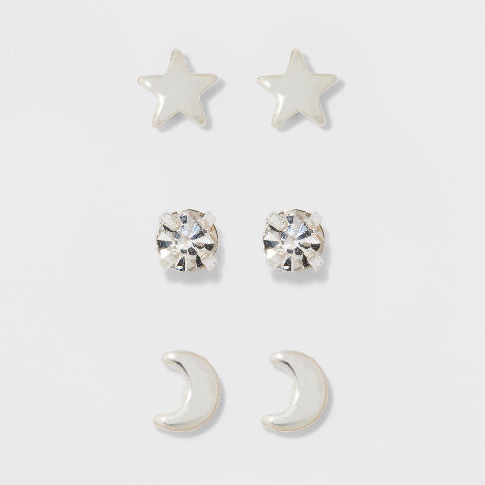 Photos - Earrings Pair of Star, Moon, and Cubic Zirconia Button Stud Earring Set 3pc - A New