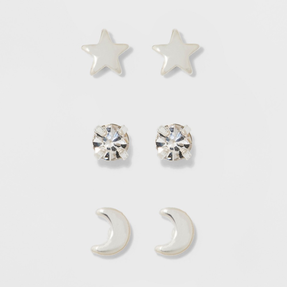 Pair of Star, Moon, and Cubic Zirconia Button Stud Earring Set 3pc - A New Day™ Silver: Glass, Nickel-Free Metal