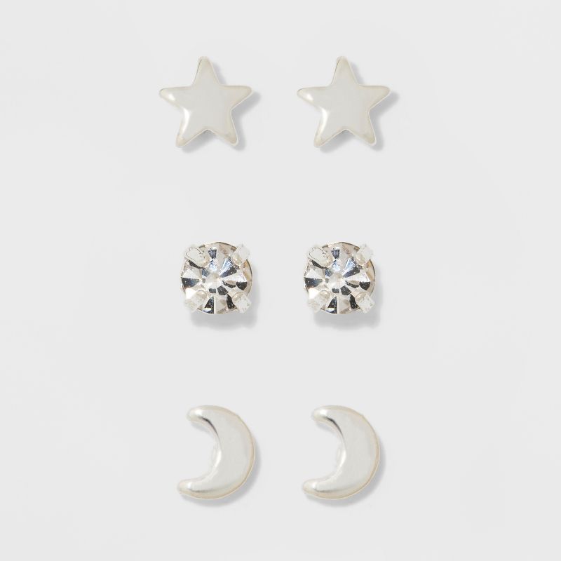 Pair of Star, Moon, and Cubic Zirconia Button Stud Earring Set 3pc - A New Day&#8482; Silver, 1 of 7