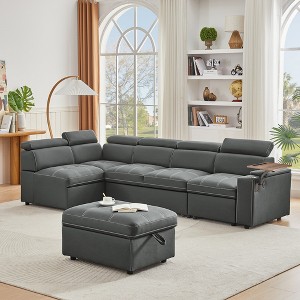 112.9" Convertible Sectional Sofa with Storage Ottoman, Pull-Out Sleeper, USB Charging, Hidden Storage & Rotating Side Table - 1 of 4