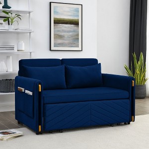 54" Modern Convertible Sofa Bed With 2 Detachable Arm Pockets Velvet Loveseat Sofa With Pull Out Bed 2 Pillows Adjustable Backrest Design Armrests - 1 of 4