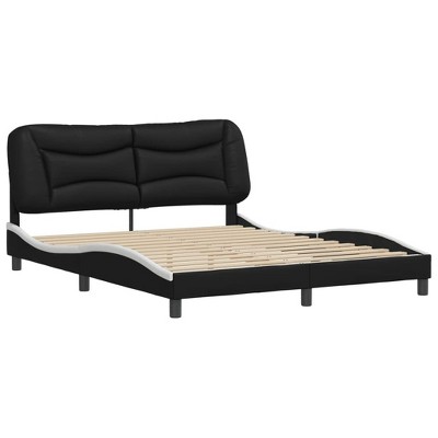 vidaXL Black and White Faux Leather Queen Bed Frame - Plywood Slats, PP Fiber Headboard Cushion, Wave Design, 59.8"x79.9"