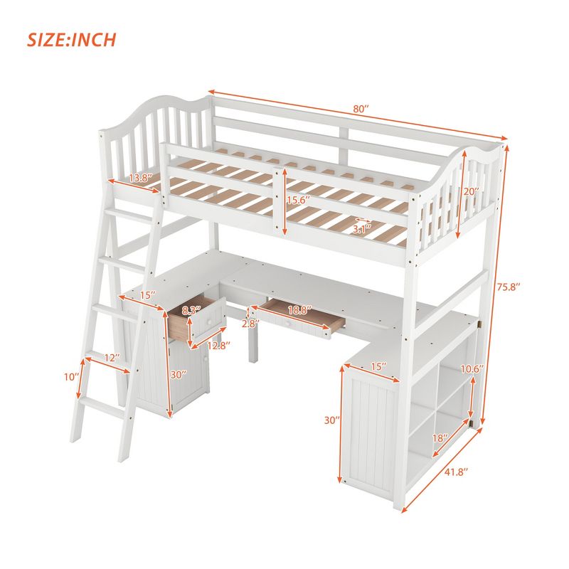Twin size Wooden Loft Bed with Drawers, Cabinet, Shelves and Desk-ModernLuxe, 3 of 16