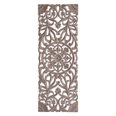 MH London Avril Wooden Hand Curved Floral Art Wall Decor Medallion in Brown Wash