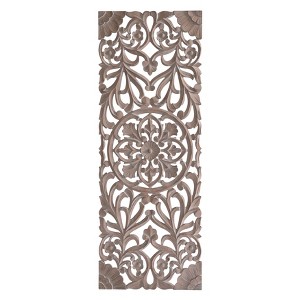 MH London Avril Wooden Hand Curved Floral Art Wall Decor Medallion in Brown Wash - 1 of 4