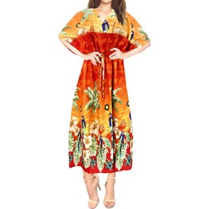 LA LEELA Women's House Daily Routine Evening Wear Holiday Casual Loungewear Oversize Slit Dress Caftan Maxi Top Night Shirts 2X-3X Orange, Floral - 1 of 4