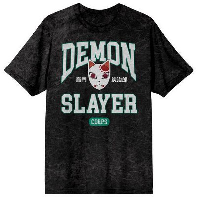 Demon Slayer Tanjiro Fox Mask Men's Black Mineral Wash Crew Neck Short Sleeve T-shirt