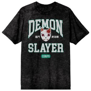 Demon Slayer Tanjiro Fox Mask Men's Black Mineral Wash Crew Neck Short Sleeve T-shirt - 1 of 1