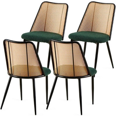 Rattan Dining Chairs Set of 4,Boucle Upholstered Chairs with Cane Back and Metal Legs for Kitchen or Dining Room-Baofuwish