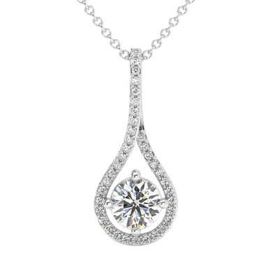Pompeii3 1 1/10Ct TW Diamond Halo Drop Pendant 14k Gold Necklace Lab Created 1" Tall