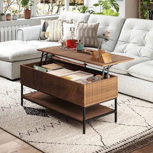 QingMoon Lift Top Coffee Table, Wood Round Fluted Coffee Tables, Farmhouse Center Table with Hidden Storage and Lower Shelf for Living Room - 1 of 4