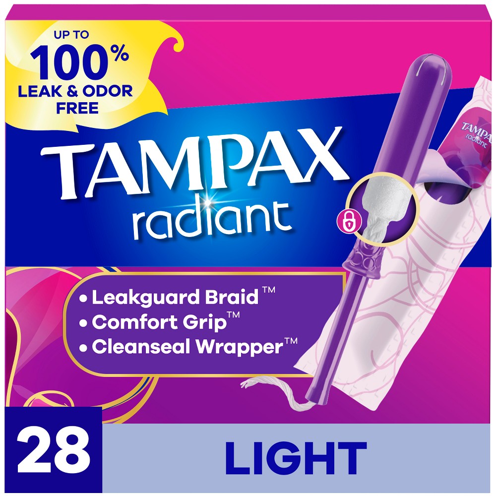 Photos - Menstrual Pads Tampax Radiant Light Absorbency Plastic Applicator and LeakGuard Braid Unscented Tampons - 28ct 
