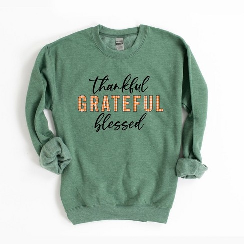 Simply Sage Market Women s Graphic Sweatshirt Thankful Grateful Blessed Plaid S Heather Green Target