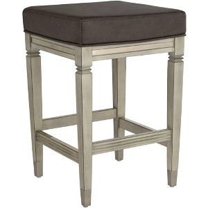 55 Downing Street Wood Bar Stool Gunpowder 26" High Farmhouse Rustic Gray Faux Leather Cushion with Footrest for Kitchen Counter Height Island House - 1 of 4