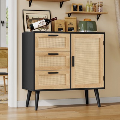 USIKEY Storage Cabinet with Rattan Door & 3 Drawers, Entryway Cabinet with Adjustable Shelf, Accent Cabinet for Living Room