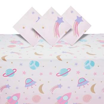 Blue Panda 3 Pack Pink Disposable Tablecloth Covers for Space Themed Party Supplies for Kids Birthday, 54 x 108 In