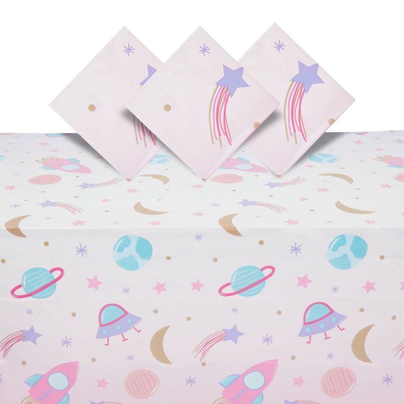 Blue Panda 3 Pack Pink Disposable Tablecloth Covers for Space Themed Party Supplies for Kids Birthday, 54 x 108 In, 1 of 6