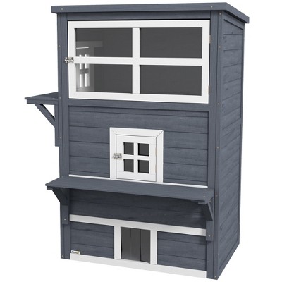 SKYONE Weatherproof 3-Tier Feral Cat Shelter with Escape Door, 5 Entrances, Jump Platforms &