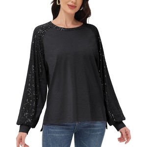 Anna-Kaci Women's Casual Sequin Ballon Long Sleeve Blouse Loose Round Neck Matching Top Party - 1 of 4