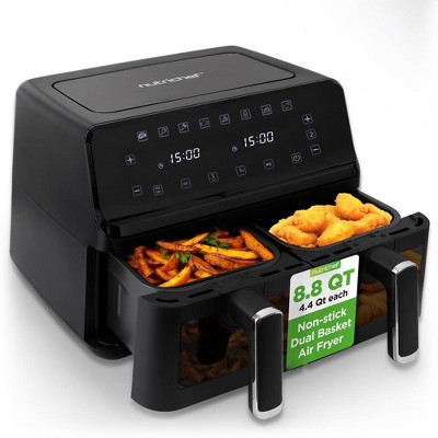Nutrichef Double Basket Air Fryer 8.8 QT with Transparent Window | 9-1 Preset Cooking Options | 360° Hot Air Circulation Technology, Black