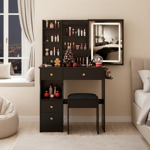 FONTOI 29.2"W/37"W/41"W Makeup Vanity Table Desk with Mirror Left Bedside Cabinet Stool Dresser Set for Woman Bedroom Dressing Room, Black/White - 1 of 4