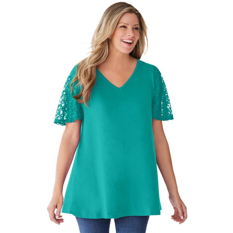 Woman Within Women's Plus Size Lace Sleeve Tunic, 1 of 2
