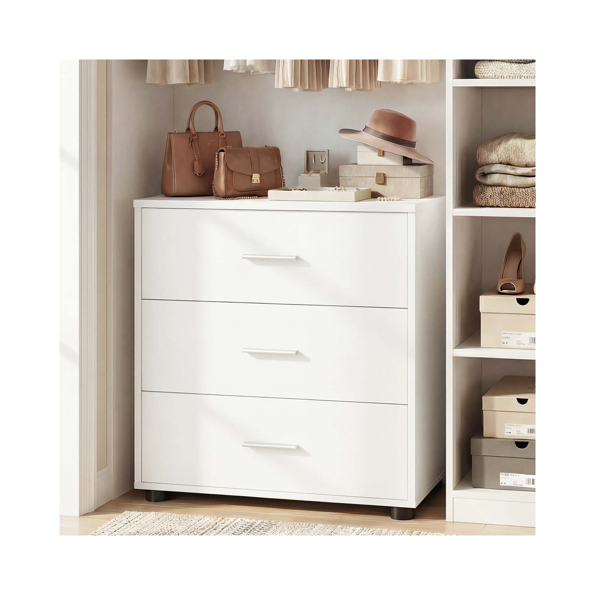 Besiost Closet Cabinet with 3-Drawers, Dresser with Food Pads, Nightstand, White
