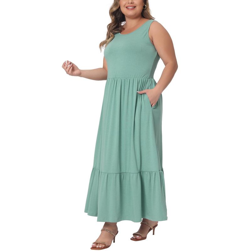 Agnes Orinda Women's Plus Size Round Neck Sleeveless Casual Tiered with Pockets Ruffle Maxi Sundresses, 2 of 5