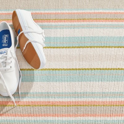 Sky Blue and Beige Handwoven Cotton Stripe Rug, 5' x 8'