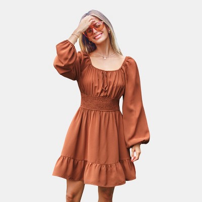 Women's Rustic Brown Peasant Style Boho Chic Long Sleeve Mini Dress -Cupshe