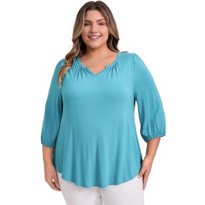 GRACE & GRANDEUR Women's Plus Size Smocked Notch V Neck 3/4 Sleeve Dressy Casual Blouses - 1 of 4