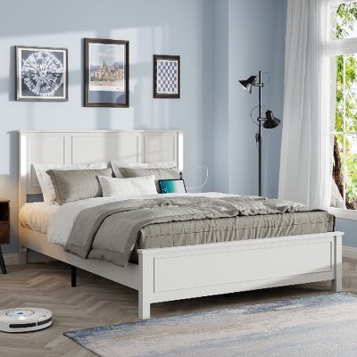 CAVINAS Queen Size Bed Frame, Platform Bed Frame with Wood Headboard and Footboard, Charging Station and LED Lights