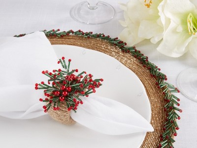 Festive Beaded Holiday Napkin Rings with Red Berries, Set of 4
