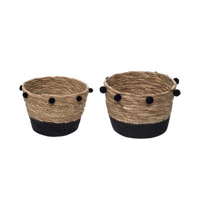Set of 2 Natural Cattail Decorative Storage Baskets with Pom Poms - Foreside Home & Garden