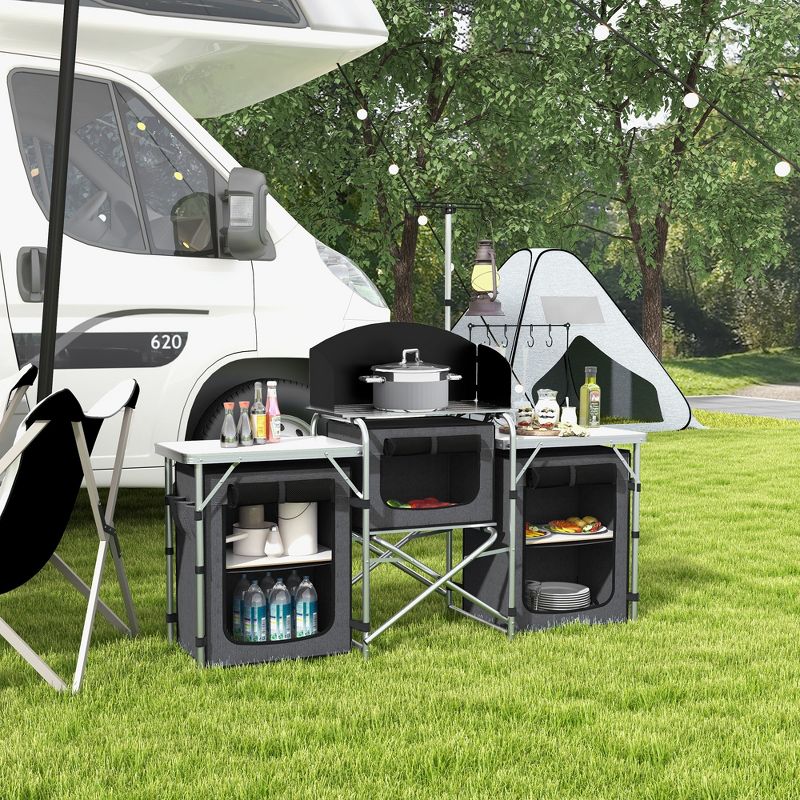 Outsunny Camping Kitchen Table, Portable Folding Camp Kitchen, Aluminum Cook Station with 3 Fabric Cupboards, Windshield, Carrying Bag, Black, 3 of 7