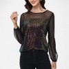 Anna-Kaci Women's Sheer Mesh Long Sleeve Top with Sequin Front Panel and Crew Neckline - 2 of 4
