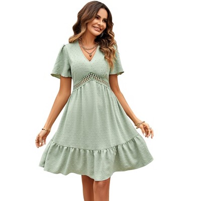 Women V Neck Casual Dress Flared Sleeve Hollow Out Summer Midi Dresses Wedding Guest Outfits