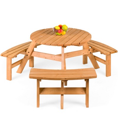 Best Choice Products 6-Person Circular Outdoor Wooden Picnic Table w/ 3 Built-In Benches, Umbrella Hole