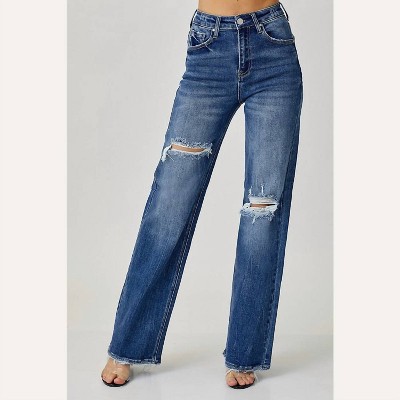 Women's High Rise Ripped Wide Leg Jeans - RISEN