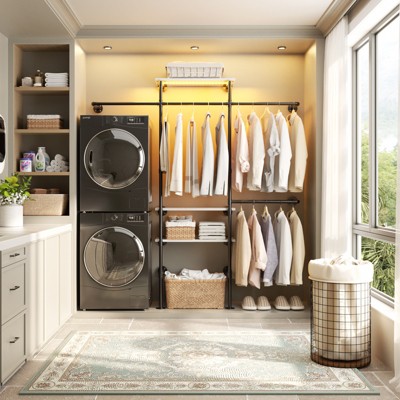 Besiost 87-In Wall-mounted Closet Organizer System with 4 Hanging Rods, Heavy-duty Garment Rack with Storage Shelves